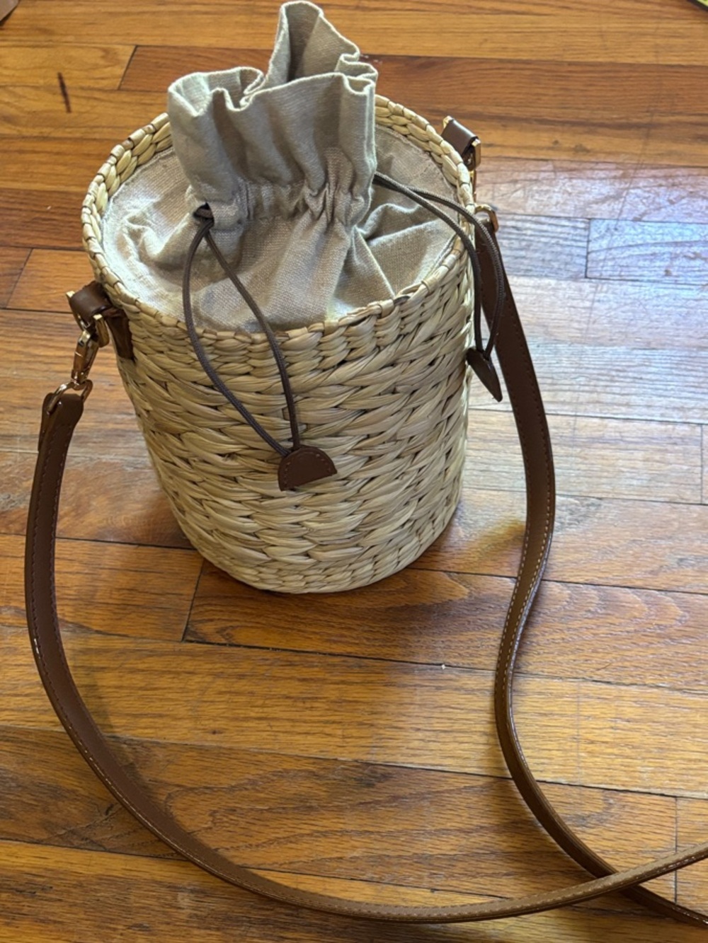 Poolside Neutral Straw basket Bucket Crossbody with Brown leather Strap